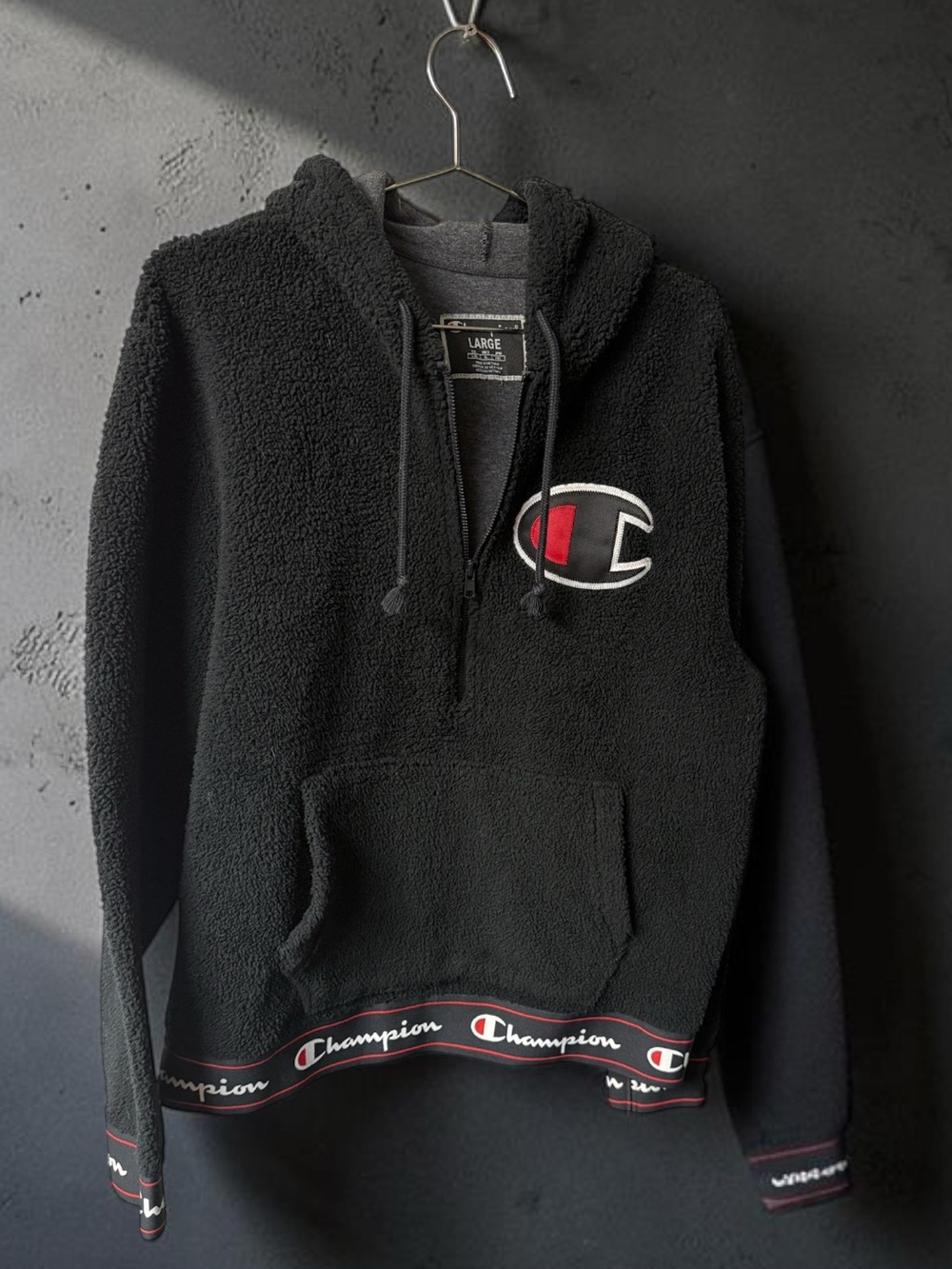 Champion Black Sherpa Zip Hoodie with Logo Trim